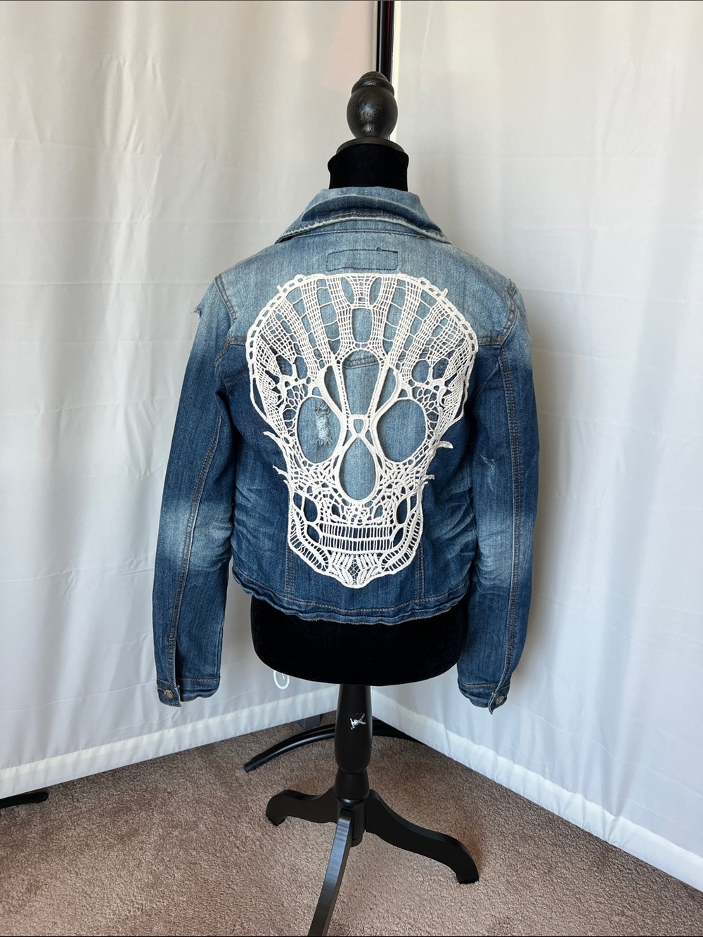 1st Kiss Distressed Denim Jacket with Lace Scull